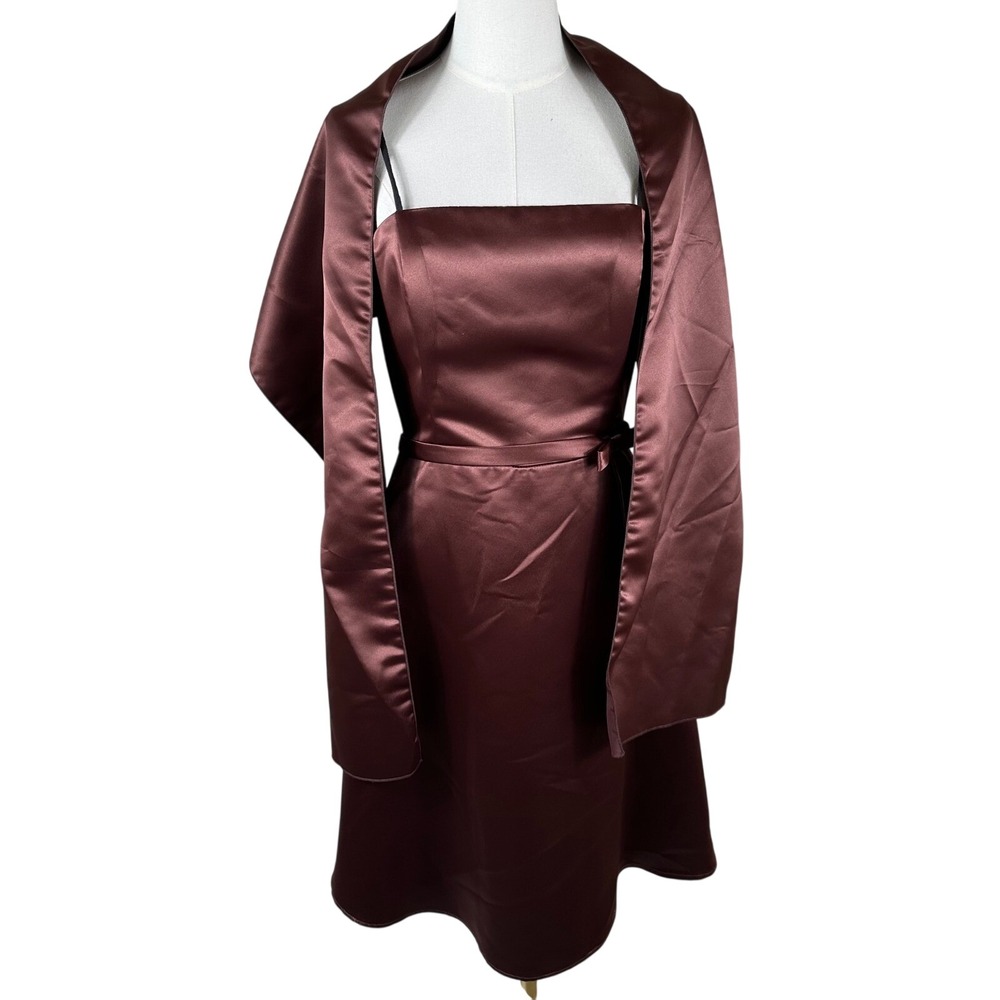 Vtg FIESTA Satin Dress Womens L Brown Shawl 2PC Bow Coquette Prom Evening Gown